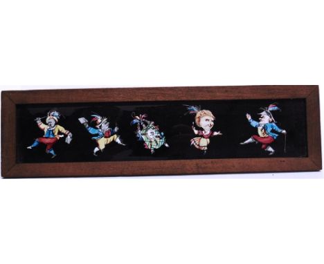 TWENTY-THREE MAHOGANY-FRAMED MAGIC LANTERN STRIP SLIDES  of varying sizes, the largest 36cm long.