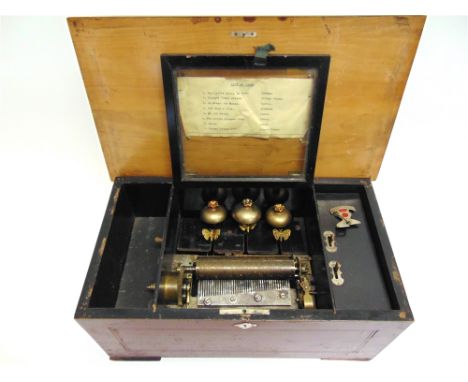A LATE 19TH CENTURY 'BELLS IN SIGHT' MUSICAL BOX  the 16cm pinned cylinder set to a steel bed, the bells operated by butterfl
