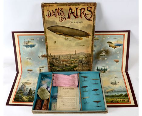 A RARE 'DANS LES AIRS' AIRSHIP PARLOUR GAME  complete with painted metal playing pieces, numeric and colour-dot dice, dice sh