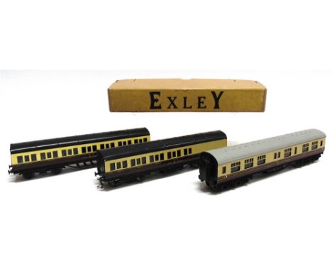 [OO GAUGE]. THREE EXLEY G.W.R. COACHES  comprising a first-third restaurant car, 3574, brown and cream livery, in non-origina