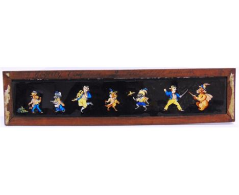 FORTY-NINE MAHOGANY-FRAMED MAGIC LANTERN STRIP SLIDES  of varying sizes, the largest 43cm long.