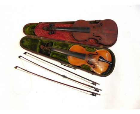 TWO VIOLINS  the first with a two-piece back, unlabelled, 35.5cm long, in a wooden case; the second with a two-piece back, un