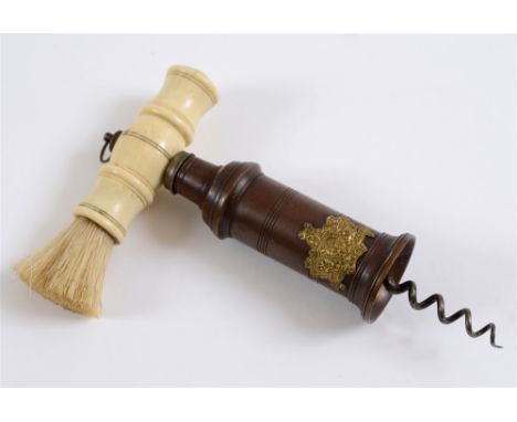 A THOMASON CORKSCREW  19th century, the turned ivory grip complete with brush and suspension ring, the brass body with an app