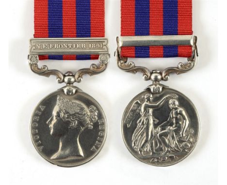 AN INDIA GENERAL SERVICE MEDAL 1854-95 TO PRIVATE C. HANSON, KING'S ROYAL RIFLE CORPS  with single clasp N.E. Frontier 1891 (