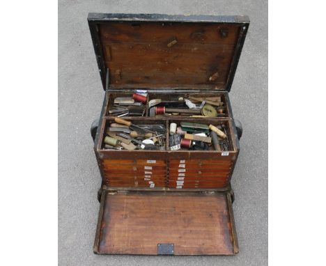 An unused organ builders pine tool chest 32"x 21"x 21" with some tools. The chest has been altered so the front drops down to