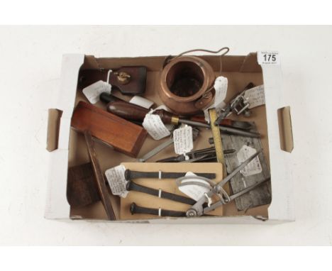 A copper glue pot and various other small tools inc three early blacksmith made nails G