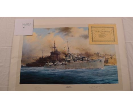 Robert Taylor “HMS Kelly”, limited edition print, 180/2000 with certificate. Signed by the artist and Earl Mountbatten of Bur