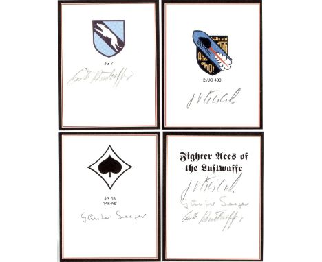 4 book type plates signed by a Luftwaffe pilot from JG53, JG7 & 2/JG400 incl. Gunter Seeger, together with the signature of F