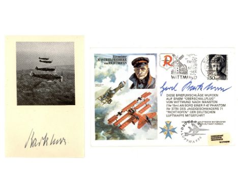 Geschwaderkommodore Gerhard Barkhorn signature on plain paper with photograph attached, approx size 10cm x 14cm and please no