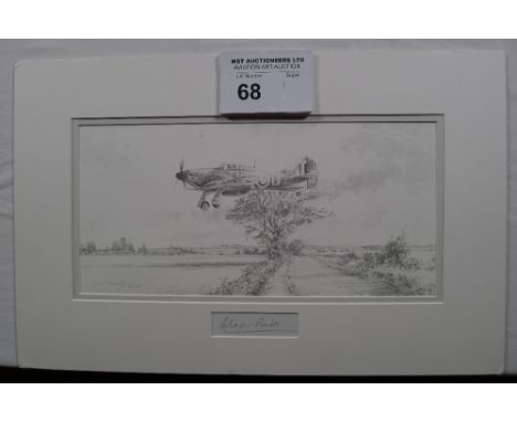 Robert Taylor limited edition pencil print 13/50 of Douglas Bader’s Hurricane landing at RAF Coltishall, Norfolk, 1940. The p
