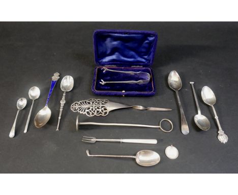 A collection of silver flatware and other items, including a Victorian hair pin, Robert Pringle & Sons, Birmingham 1847, 17.5
