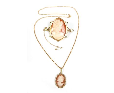 A 9ct gold necklace with 9ct gold cameo pendant, necklace 49cm long, cameo 2 by 2.5cm, 6g gross, together with a yellow metal