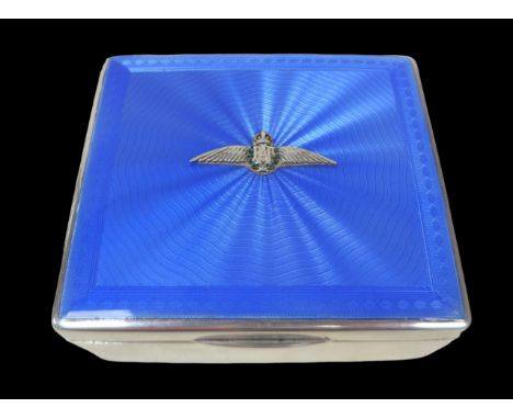 A George V silver and blue enamel cigarette box with RAF insignia, its lid decorated with engine turned blue enamel with the 