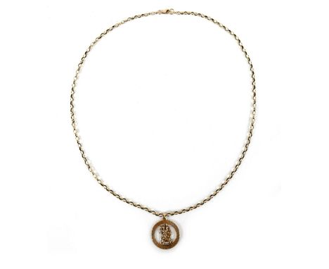 A 9ct gold 1960s St. Christopher pendant, 2.5cm diameter, with 9ct gold chain necklace a/f, chain 54cm long, 10.0g overall.Th