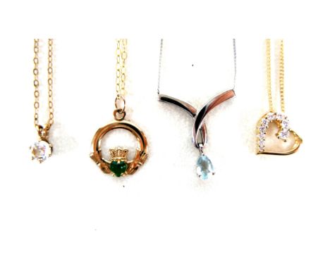 A group of yellow metal and gold necklaces, comprising a 9ct white gold love knot necklace with pear shaped aquamarine drop, 