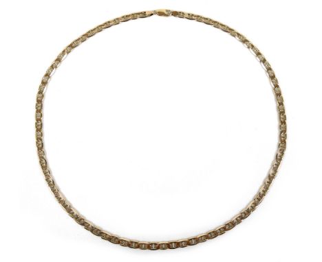 A 9ct gold flat mariner link chain necklace, 6.0mm wide, 60cm long, 33.5g. 