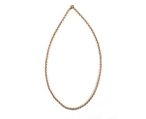 A yellow gold rolo link chain, 3mm links, with gold plated loop clasp and soldered repair part way along, unmarked but testin
