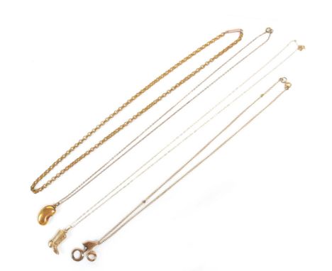Three 9ct gold necklaces, comprising a necklace, 40cm long, with an abstract designed pendant inset with a single small round