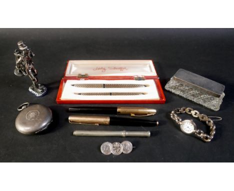A group of silver items, comprising a silver full hunter pocket watch, a/f damaged, a silver lidded hobnail cut glass box, an