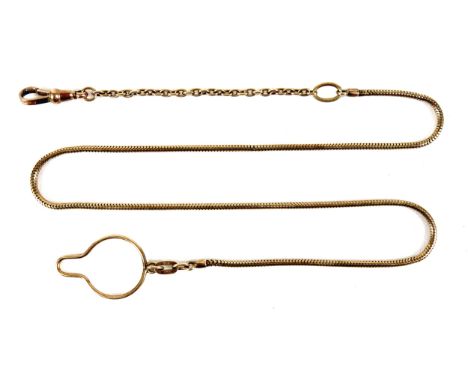 A 9ct yellow gold snake link fob chain, loop on end, possibly shaped for fitting over a button, and clasp to other end, 2mm w
