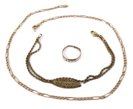 A group of three gold pieces of jewellery, comprising a 9k gold figaro link chain, 3mm wide, 40cm long, 3.3g, a 9ct gold twis