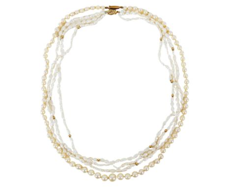Two vintage pearl necklaces, comprising a three strand fresh water pearl necklace, the pearls intersperse with small gold col