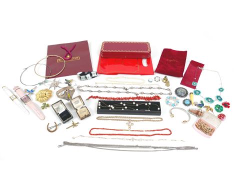 A small collection of costume jewellery, including some silver, two coral necklaces, pearl and faux pearls, two modern lady's