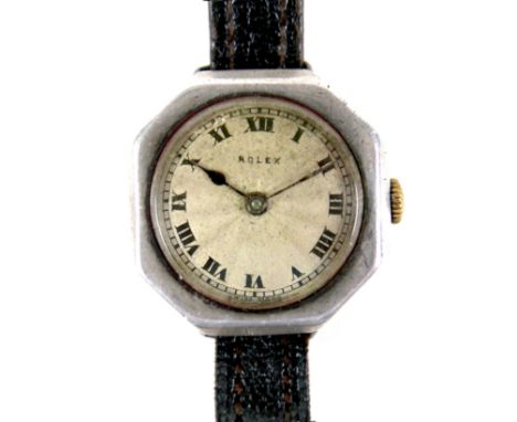 An Art Deco Rolex silver octagonal cased wristwatch, circular silvered guilloche dial with black Roman numerals, minute track