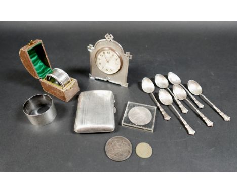 A collection of silver items, including an early 20th century silver and tortoise shell cigarette case, with engine turned de