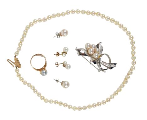 A group of pearl jewellery, comprising a necklace with a single row of pearls, each 5mm, with 9ct gold clasp, 40cm long, 14.6