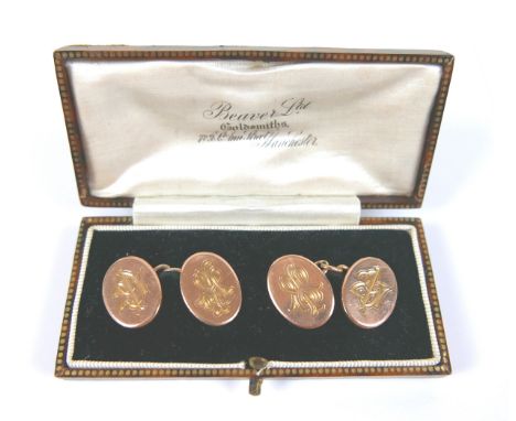 A pair of Edwardian 9ct gold cufflinks, of oval form with chain links, monogram and year engraved, maker GJ for G H Johnstone