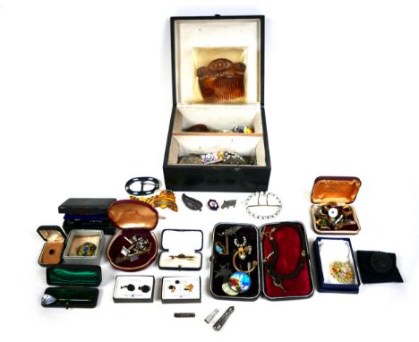 A collection of costume jewellery and collectables, including brooches, stick pins, fob chains and cuff links, many items box