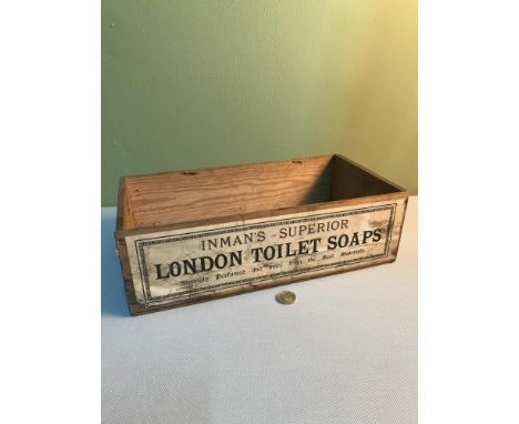 A Vintage advertising wooden box for Inman's Superior London Toilet Soaps, Measures 11x36x19cm 