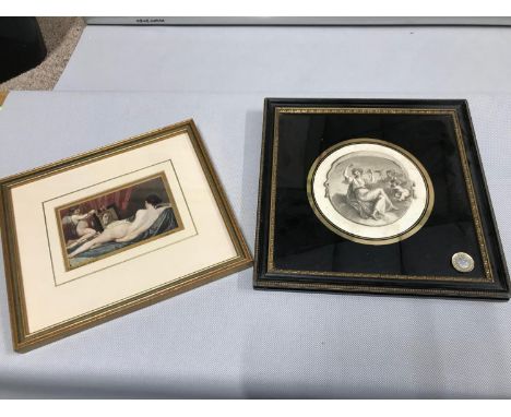 A Victorian etching of Goddess figure and two cherubs fitted within a black and gilt frame together with a print of Venus ad 
