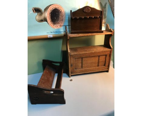 An arts and crafts small book shelf, Vintage pipe tack and Antique oak small cabinet.