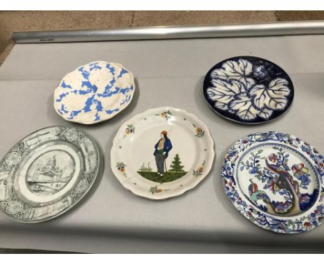 A Lot of 5 19th century cabinets plates, Includes HB Quimper hand painted plate, Iron Stone China Bird design plate, Pearl Wa