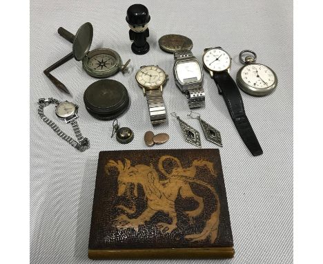 A mixed lot of collectables to include Ingersoll pocket watch, Trench art snuff box, Poker work book cover, Various watches a