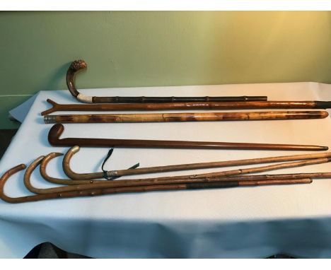 A collection of vintage walking canes, to include a rare golf club walking stick, bamboo stick with hidden vessel &amp; silve