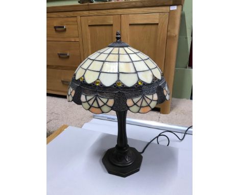 A Tiffany style table lamp, Shade has one panel damaged. 