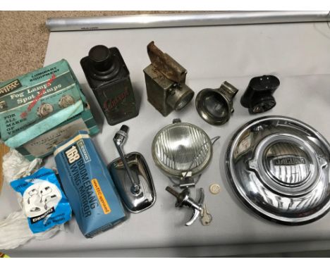 A Quantity of collectors car parts and lanterns, Includes Jaguar chrome hub Cap, Boxed WIPAC Spot lamps, Boxed Desmo Boomeran