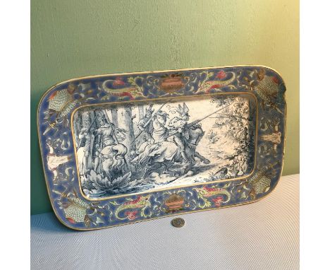 A Zsolnay-Pecs Hungarian pottery lustre plaque platterThe large rectangular plaque with medieval knights on horseback prepari
