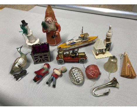 A Quantity of pre WW1 Christmas bobbles and decorations, Includes German tin plate fire engine decoration. 