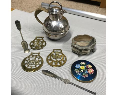 An Art Deco EP Creamer  jug Designed with wicker weaved handle, 3 Horse brasses, Stratton compact, Silver plated trinket dish