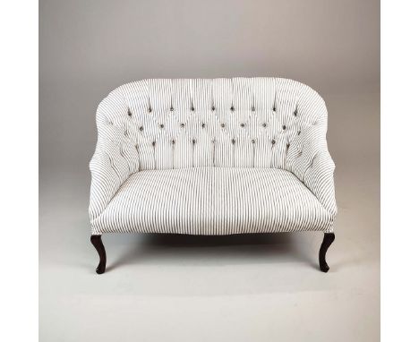 GEORGIAN REVIVAL SOFA. Blue and white ticking upholstered, 96cm H x 139cm W.