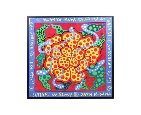 YAYOI KUSAMA. TSUMARI IN BLOOM. wrapping cloth 2018, print on polyester, 100cm x 100cm, framed.