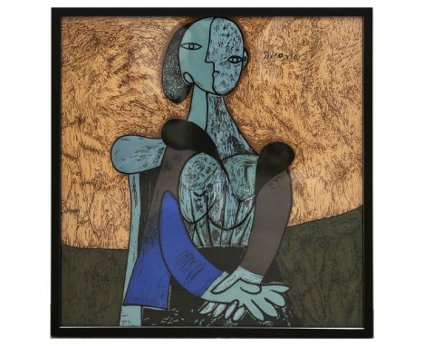 PABLO PICASSO, SEATED WOMAN IN BLUE. (d) framed textile, signed in the plate, 76cm x 75cm, (subject to ARR - see buyers condi