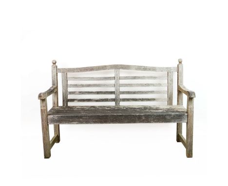 TEAK GARDEN BENCH. traditional English design weathered teak, 97cm H x 150cm W x 54cm D.