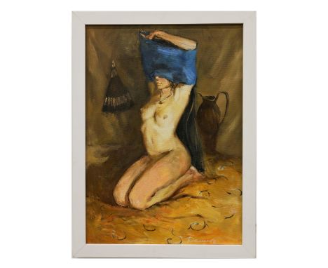 ANATOLIY DEMENKO (XXI CENTURY). MODEL WITH BLUE SCARF. oil on canvas, 67cm x 48cm, framed.