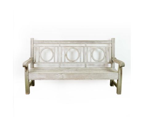 JULIAN CHICHESTER DESIGNS GARDEN BENCH. weathered teak, brass makers plaque, 101cm H x 183cm W x 63cm D.