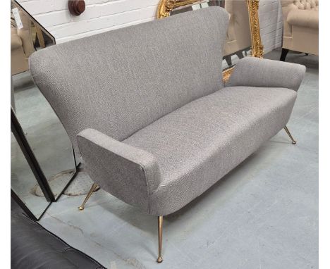 1950s ITALIAN SOFA WITH GREY HERRINGBONE UPHOLSTERY. On gilt brass legs 80cm H x 150cm W x 70cm D.